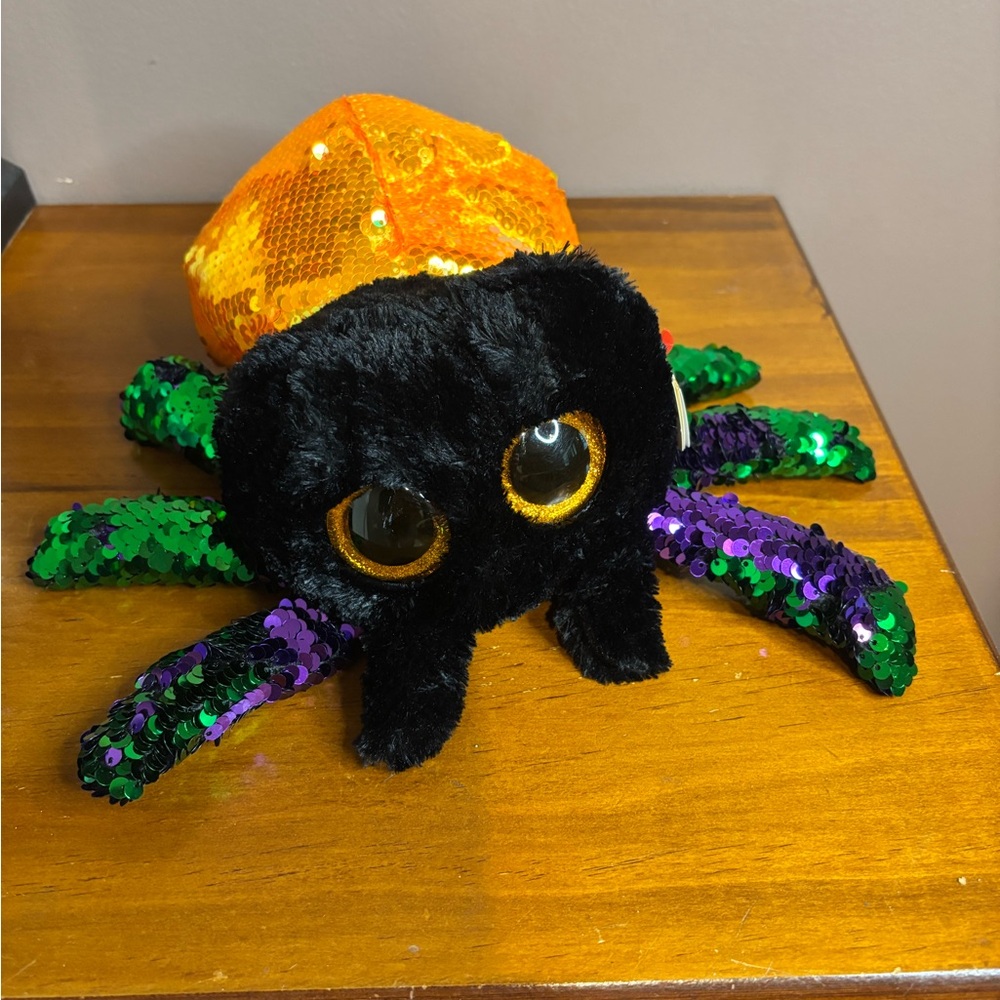 Ty Big Flippable “Glint” spider with Orange, Black, Green, and Purple Sequins